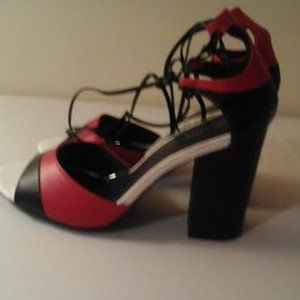 Ashley Stewart Womens Sandal Size 10W Red/Black with White trim.